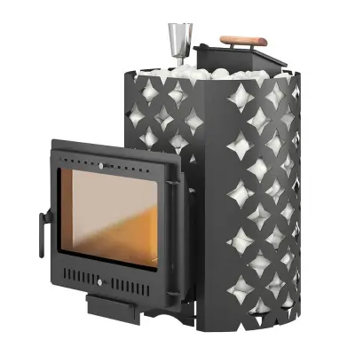 Фото Чугунная печь для бани ЭТНА 18 (Панорама) "М" Закрытая каменка в магазине Woodson Фото Чугунная печь для бани ЭТНА 18 (Панорама) "М" Закрытая каменка в магазине Woodson