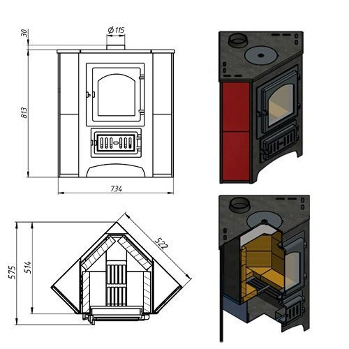 Фото Печь-Камин ВЕЗУВИЙ ПК-01 (220) угловой беж. с конфоркой 9 кВт (150 м3) Ø 115 мм в магазине Woodson